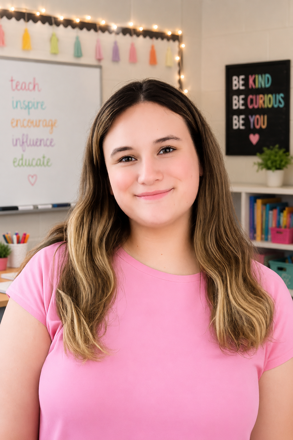A smiling young woman with long brown hair in a pink shirt standing in a classroom with colorful posters and bookshelves in the background.