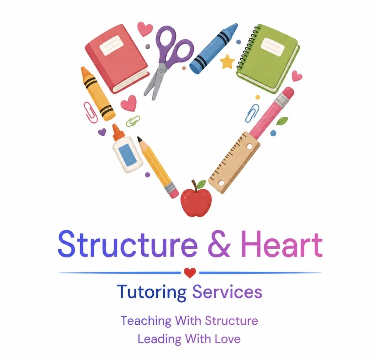 A heart shape made of school supplies, including notebooks, scissors, markers, glue, pens, a ruler, an apple, and decorative hearts and stars, with text promoting tutoring services.