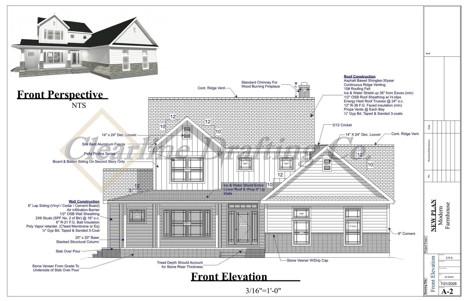 Architectural blueprint of a new modern farmhouse with front elevation view. The drawing shows exterior design details, building materials, window placements, roof structure, and construction specifications.