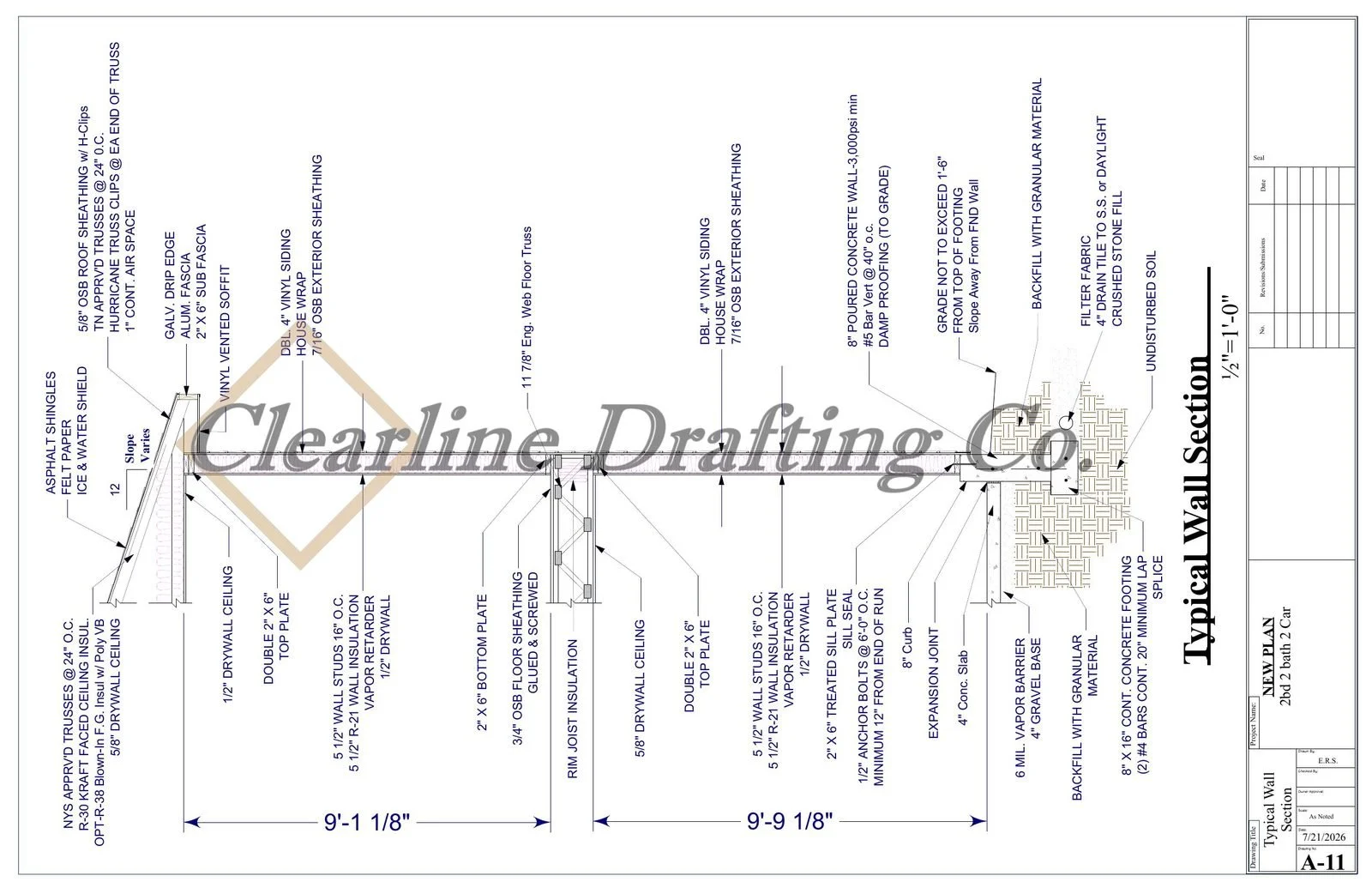 Architectural blueprint of a typical wall section with detailed measurements and construction notes.