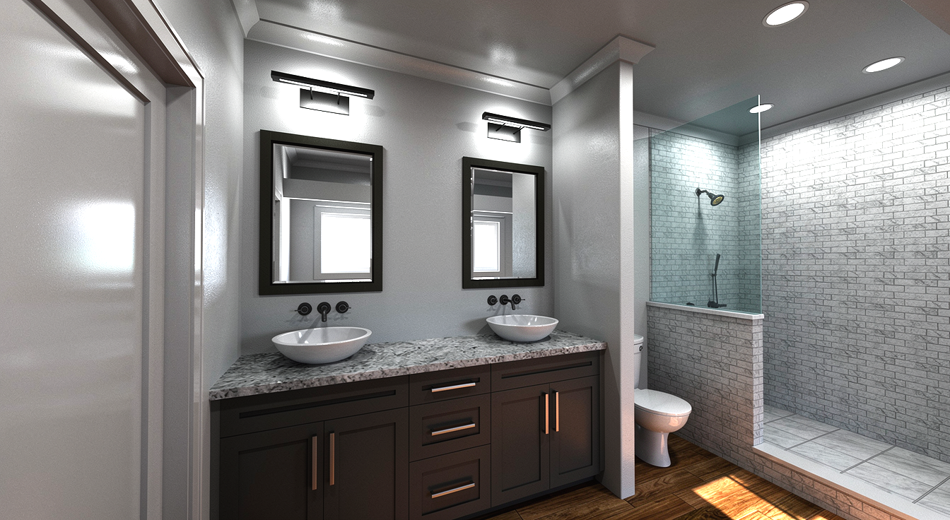 Modern bathroom with double vanity, two vessel sinks, dark cabinets, granite countertop, wall mirrors, black light fixtures, toilet, and open walk-in shower with white brick walls and tiled floor.