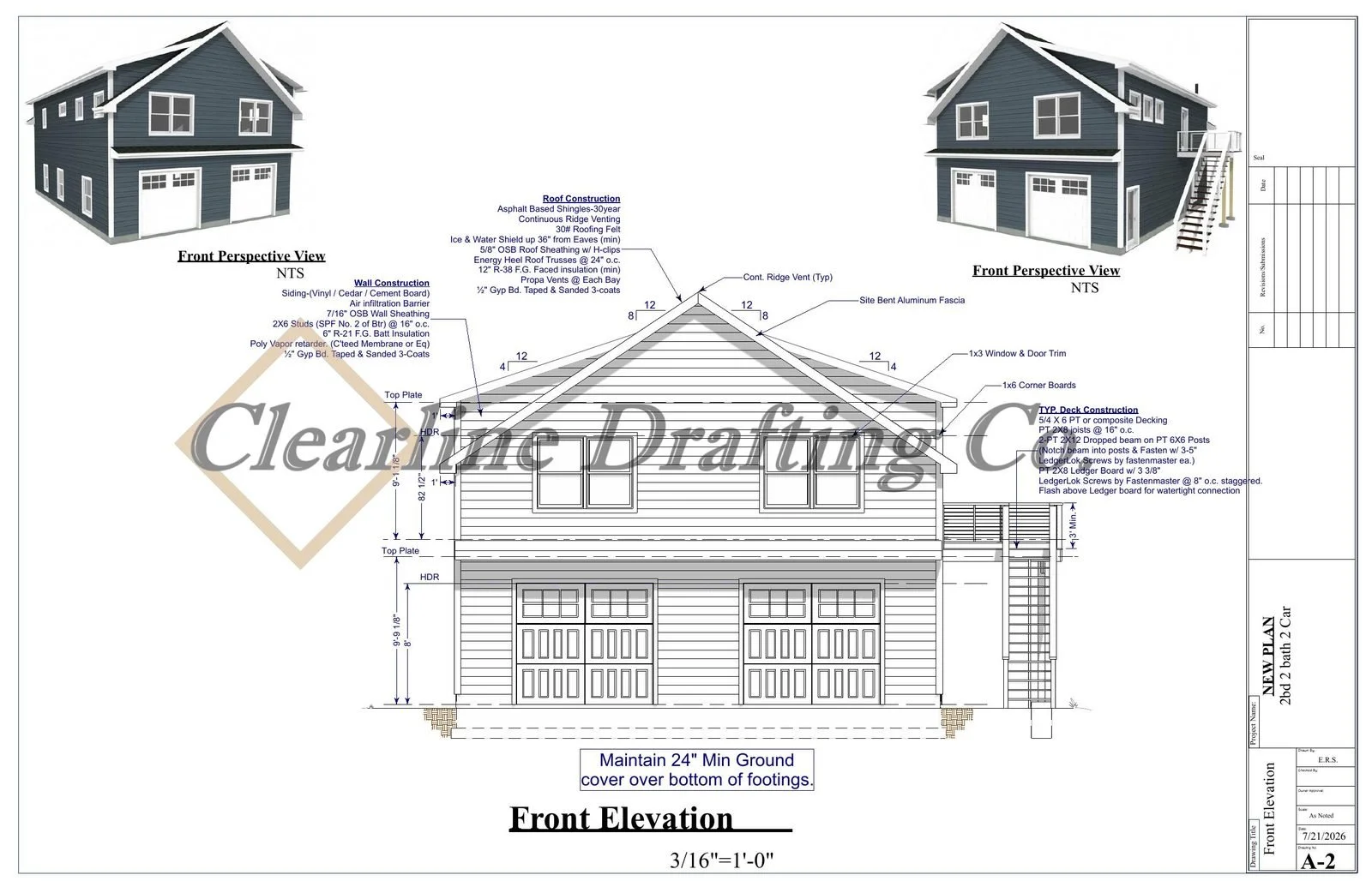 Blueprint of a two-story house with detailed construction notes, including front elevation view, roof construction, wall construction, and deck construction. It shows the dimensions, materials, and building specifications.