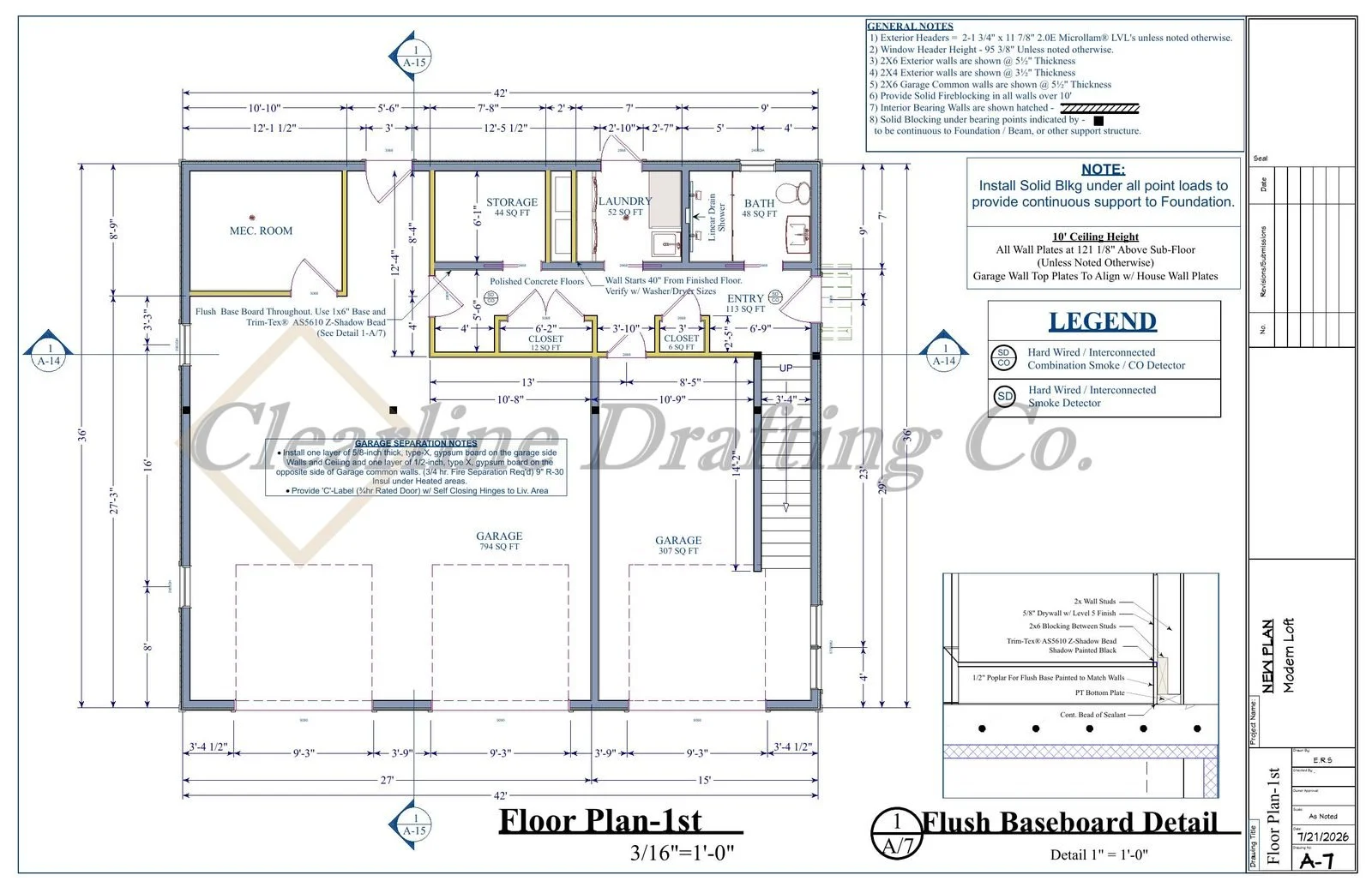 Detailed architectural floor plan of a residential building's first floor, showing room layouts, dimensions, and construction notes, including garage, storage, laundry, bathroom, closets, and utility areas.