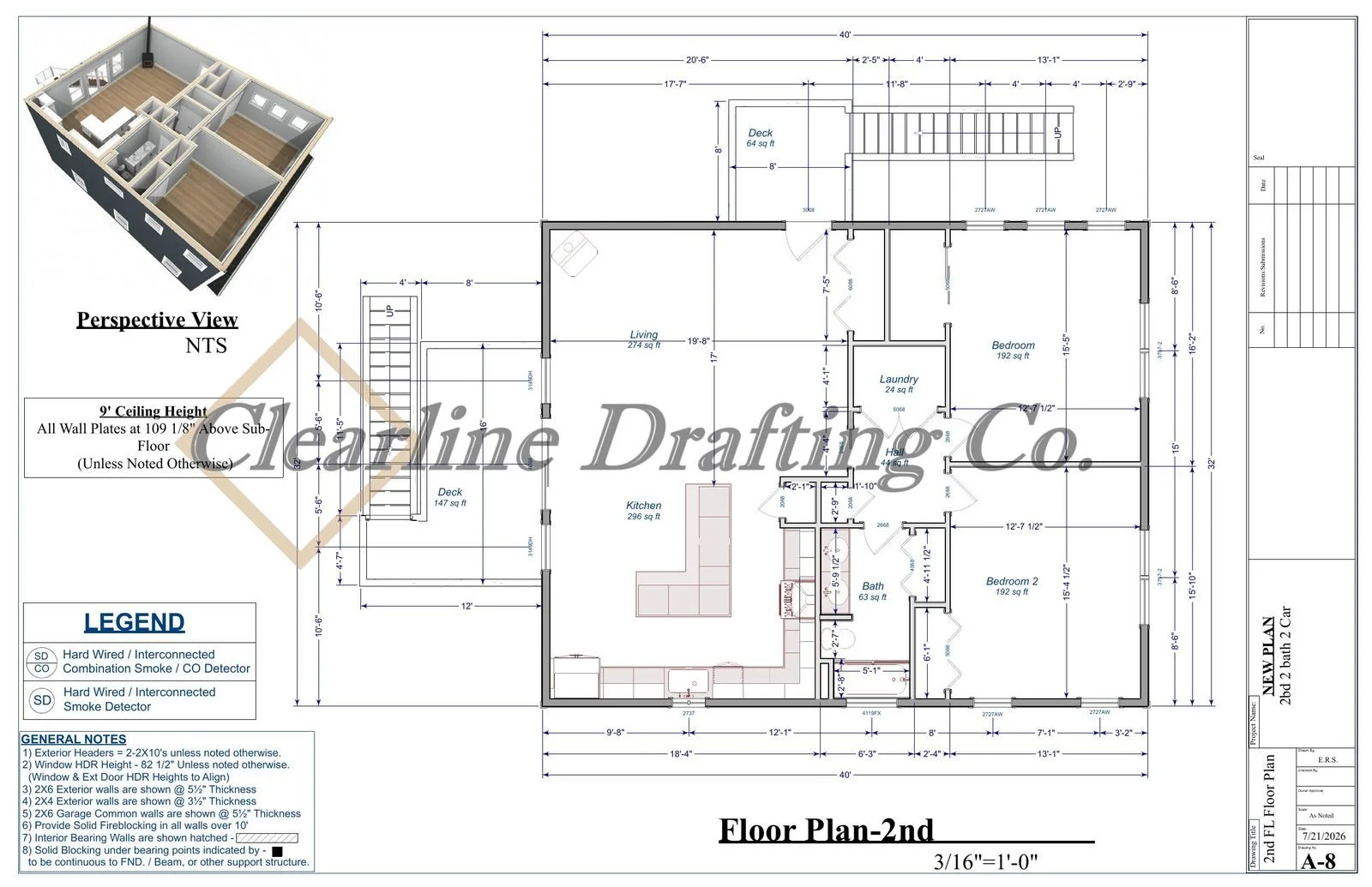 Architectural floor plan of a house showing layout of rooms, dimensions, and a perspective view of a section of the house. The plan includes labels for living room, kitchen, bedrooms, bathroom, laundry, decks, and hall. Additional notes on ceiling he
