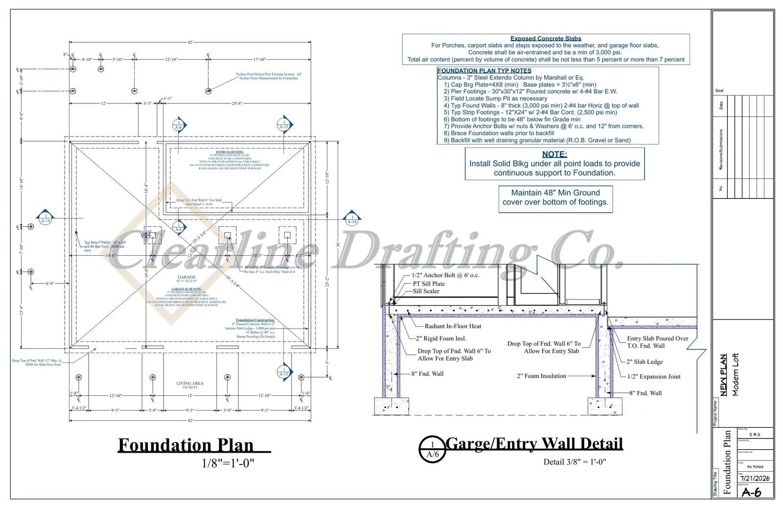 Detailed architectural drawing of a building's foundation plan and garage/entry wall detail, including measurements, construction notes, and specifications.