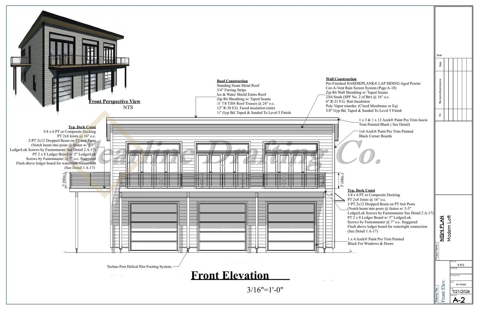 Architectural drawing of a two-story house with a garage, balcony, and front deck, including detailed construction notes and measurements.