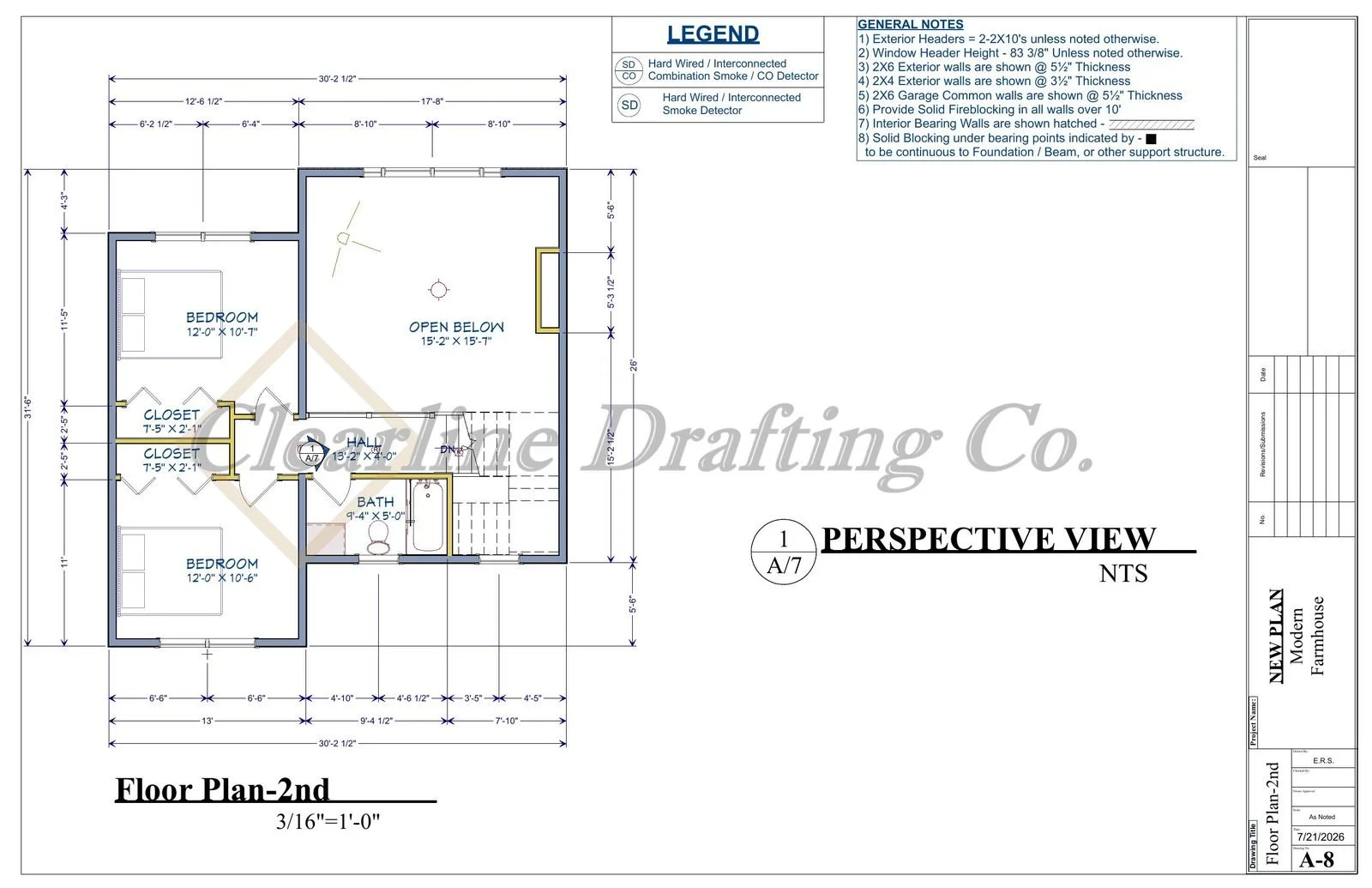 Floor plan drawing of the second floor of a modern family house, showing two bedrooms, a bathroom, a hall, closets, an open below area, and stairs, with detailed measurements and construction notes.