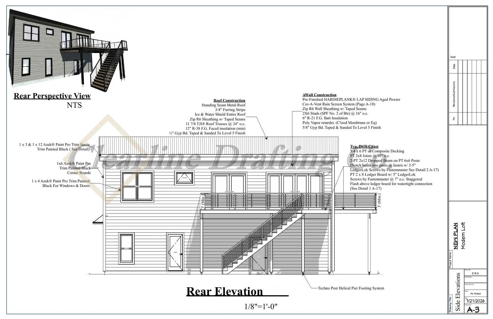 Architectural blueprint of a modern house rear elevation with detailed construction notes, measurements, and materials for roofing, siding, and deck construction, including a staircase and balcony.