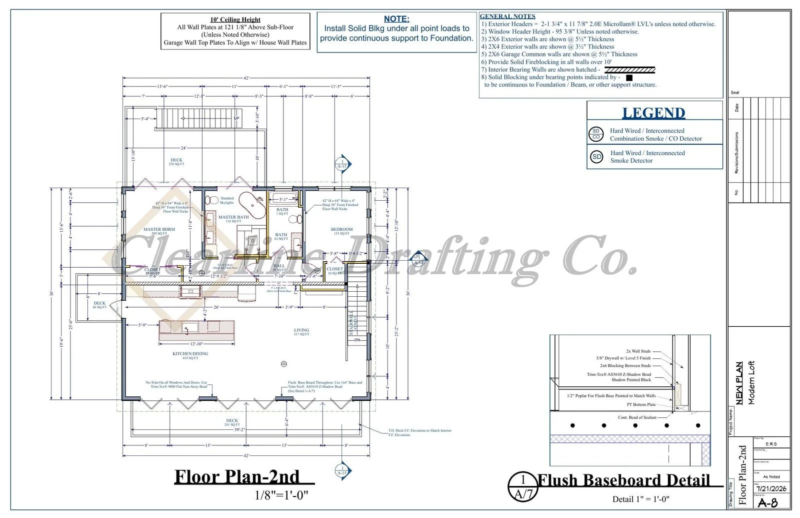 Architectural floor plan of a second story house showing layout of bedrooms, bathrooms, living room, kitchen, and decks with specific measurements and construction notes.
