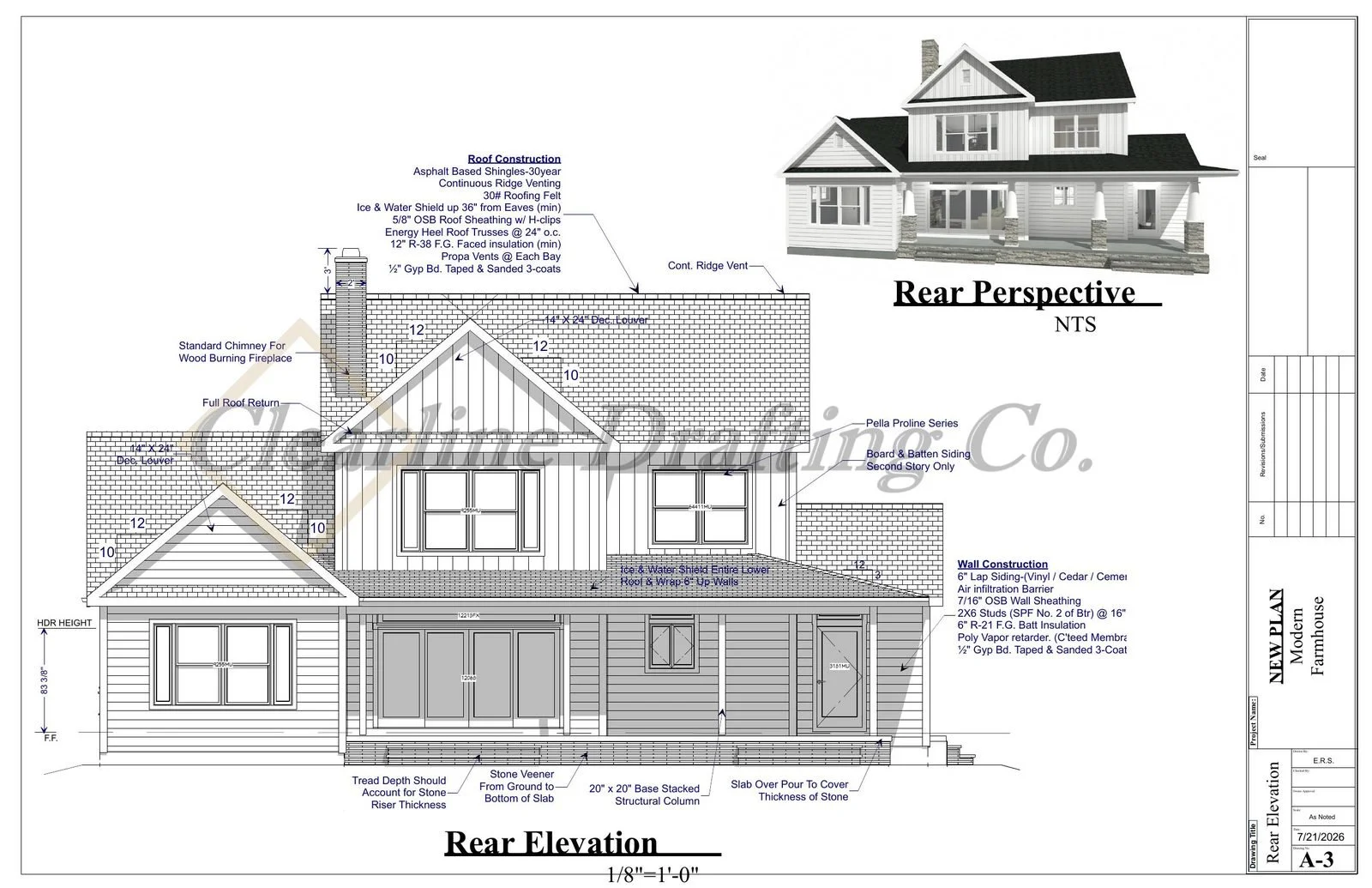 Architectural drawing of a modern farmhouse's rear elevation, including details for roof construction, wall construction, chimney, windows, doors, and decorative elements.