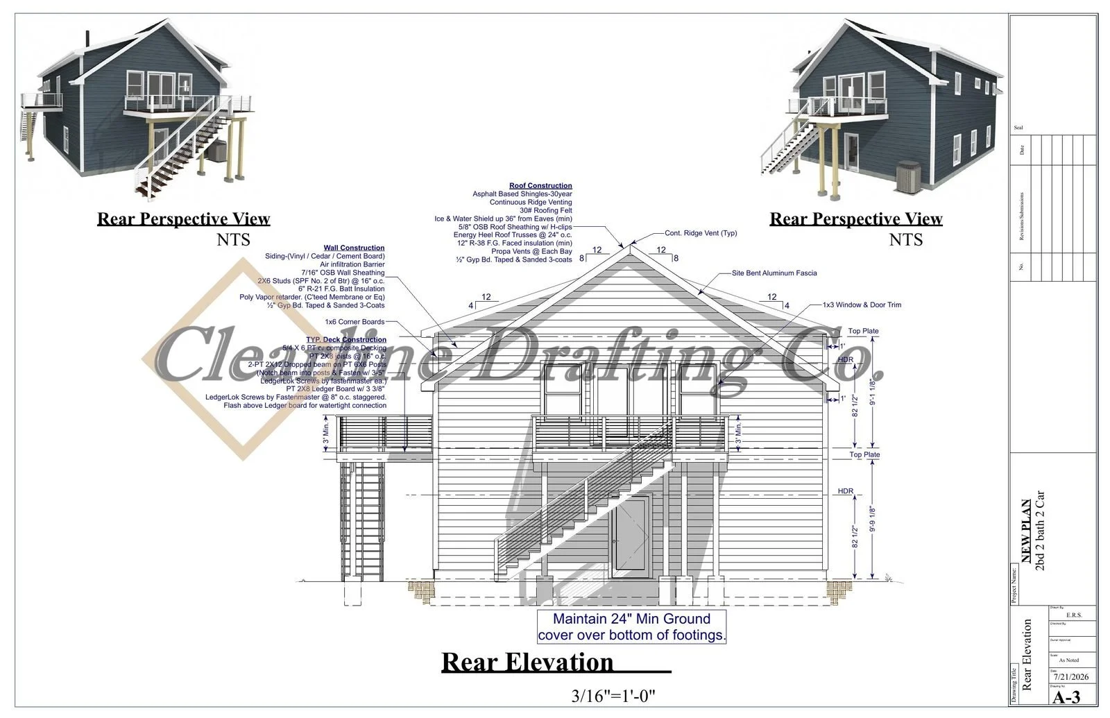 Blueprint drawing of a two-story house's rear elevation and perspective views, detailing roof construction, wall and deck construction, and various building specifications.