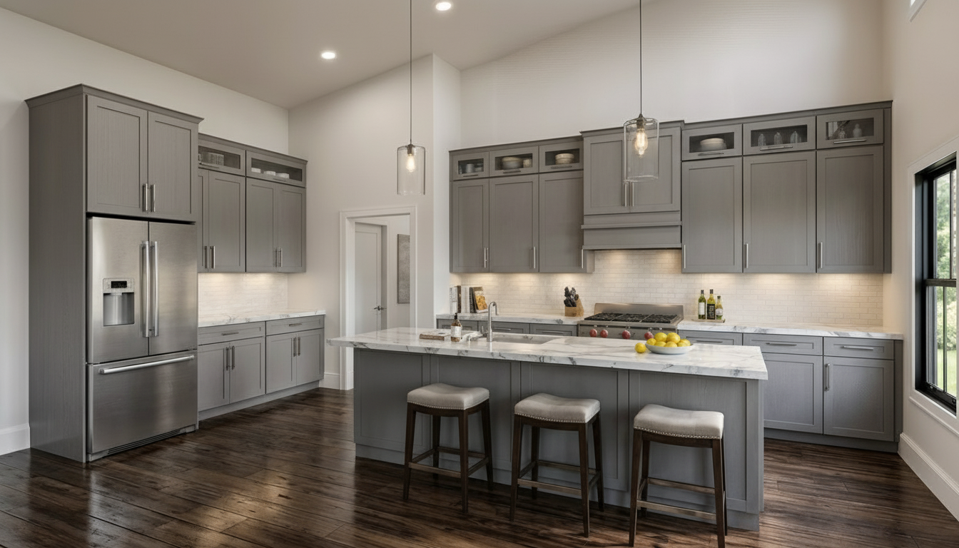 Modern kitchen with gray cabinets, white marble countertop island with three stools, stainless steel refrigerator, and hardwood flooring, with large window to the right.