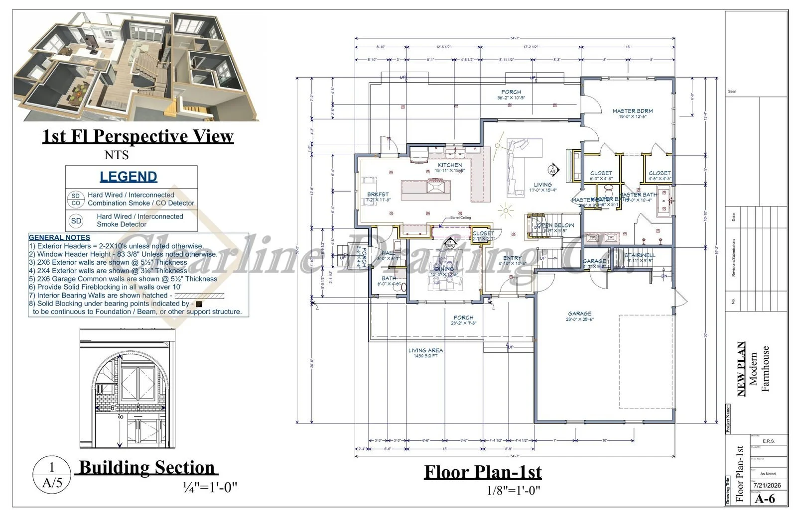 A detailed architectural floor plan of the first floor of a modern, single-family house, including room layouts, dimensions, and structural notes, alongside a 3D perspective view of the house interior.