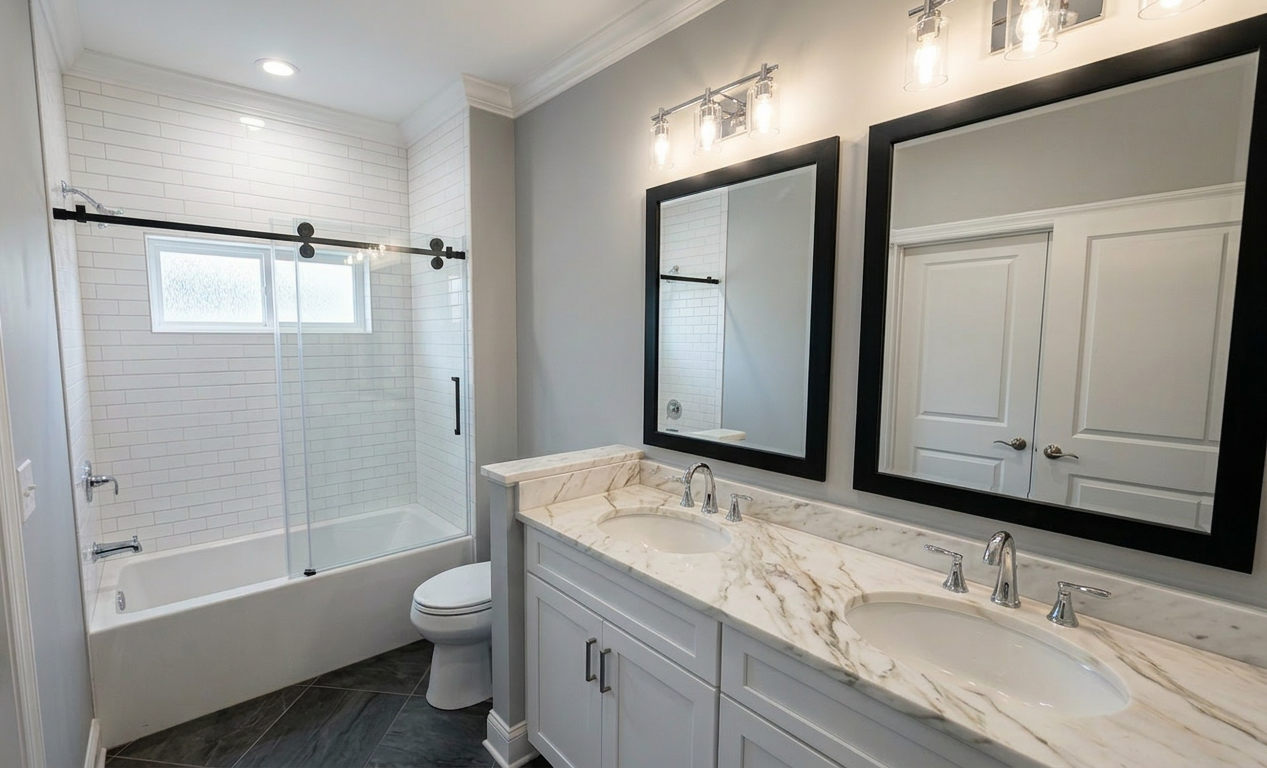 Modern bathroom with double vanity featuring a white marble countertop, two sinks, and two black framed mirrors. There is a bathtub and shower enclosure with sliding glass doors, white subway tile, and a frosted window. The bathroom has light gray walls, white crown molding, and dark tiled flooring.