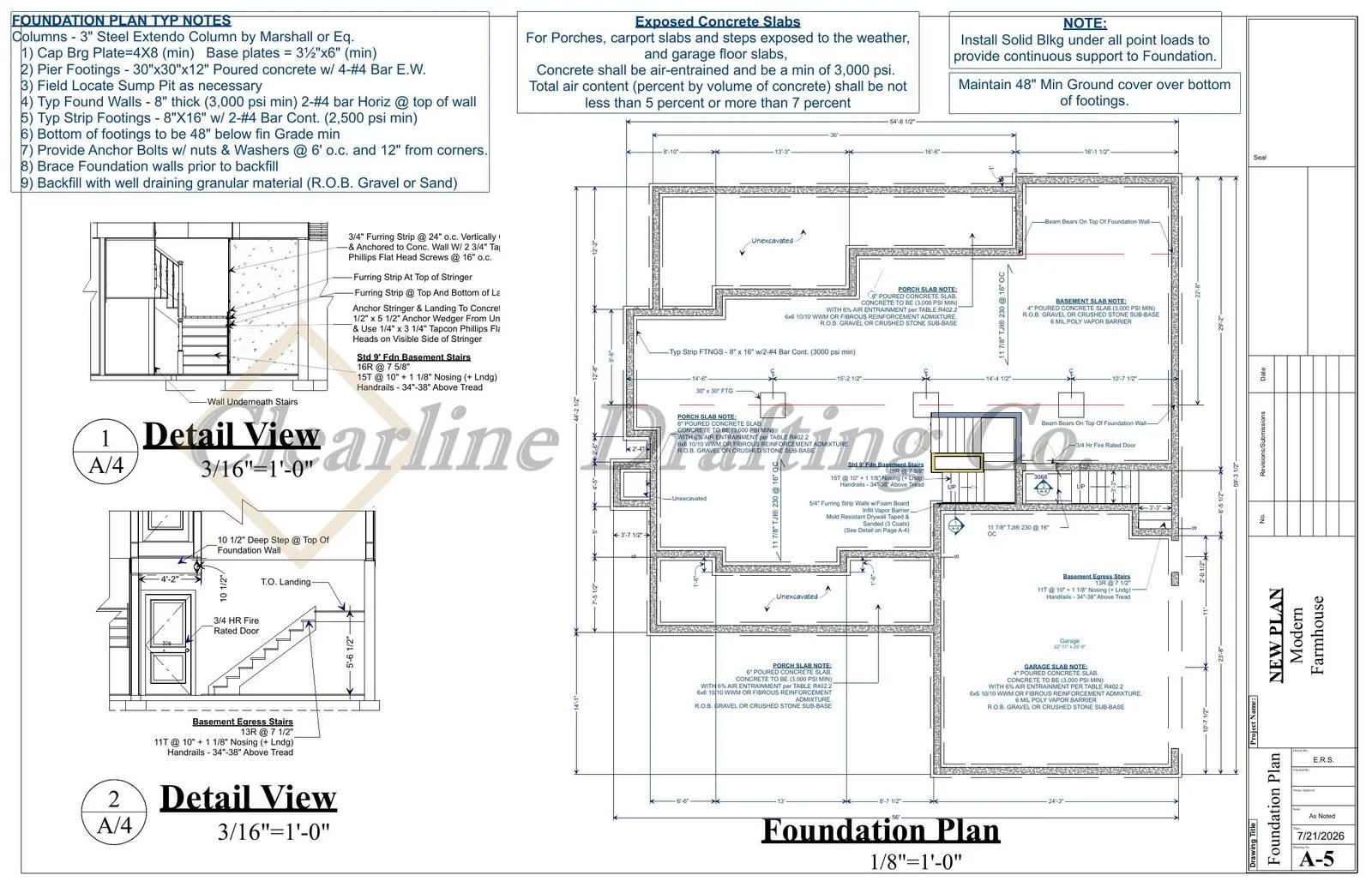Architectural blueprint of a building's foundation plan, including detailed notes on construction specifications, poured concrete slabs, reinforced elements, and stair details.