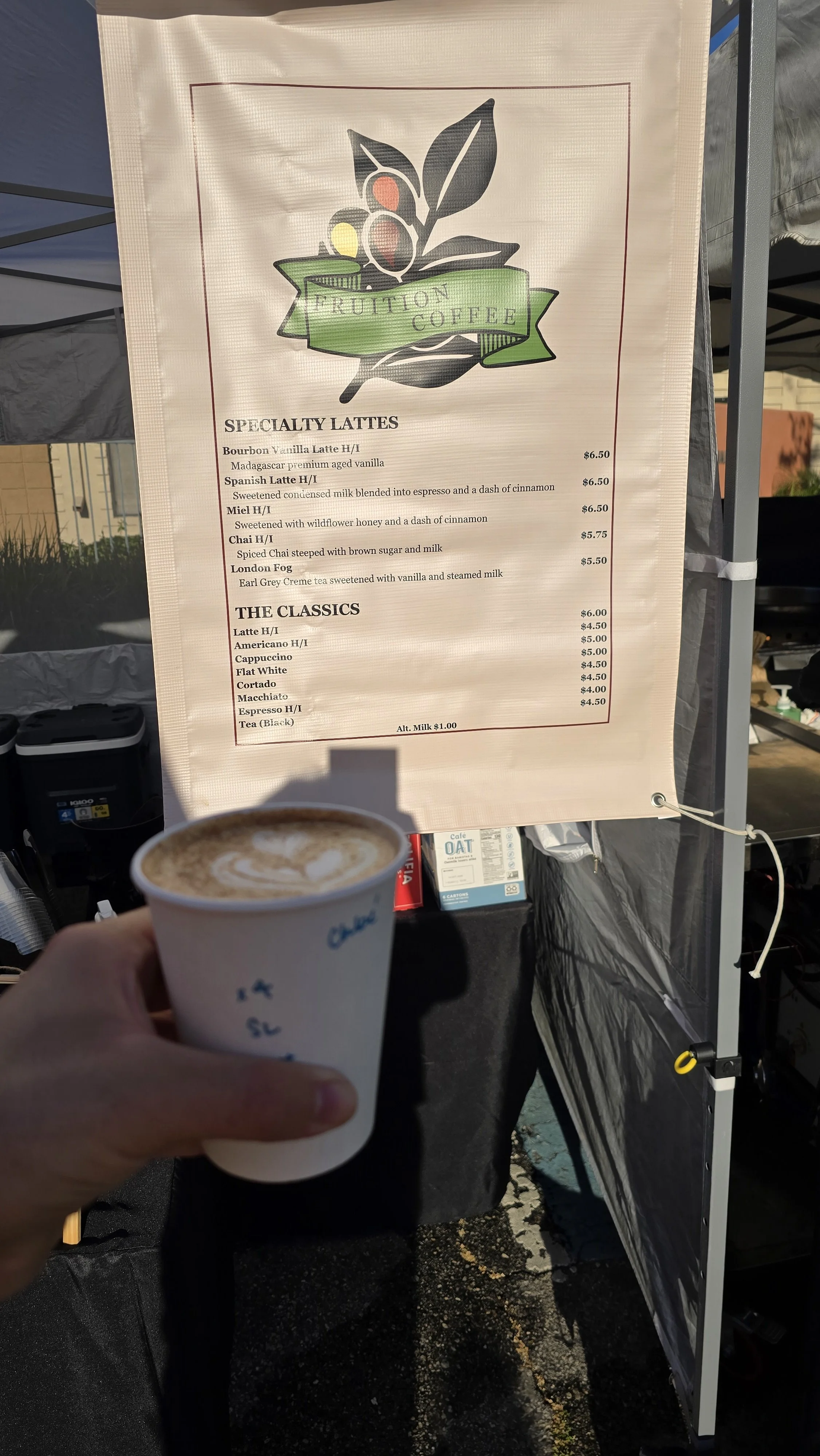Warm Coffee with Latte Art at the Encino Farmers Market Fruition Booth - Fruition is Los Angeles specialty coffee with coffee cart available for events and productions!