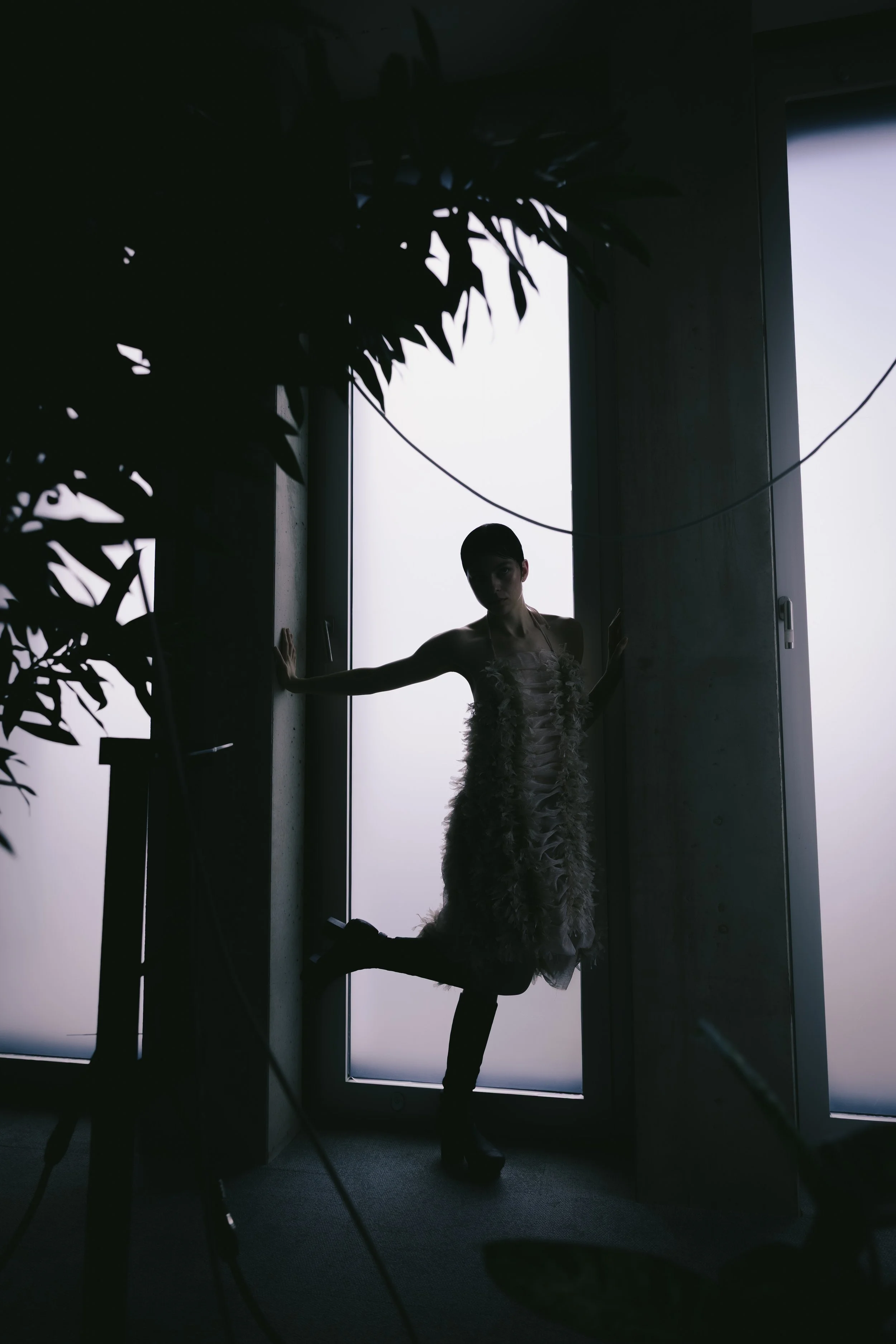 Schwarz-weiß Foto einer Frau in einem eleganten Kleid, die vor einem großen Fenster steht, das eine helle, weißliche Lichtquelle darstellt, umgeben von dunklen Schatten und Pflanzen.