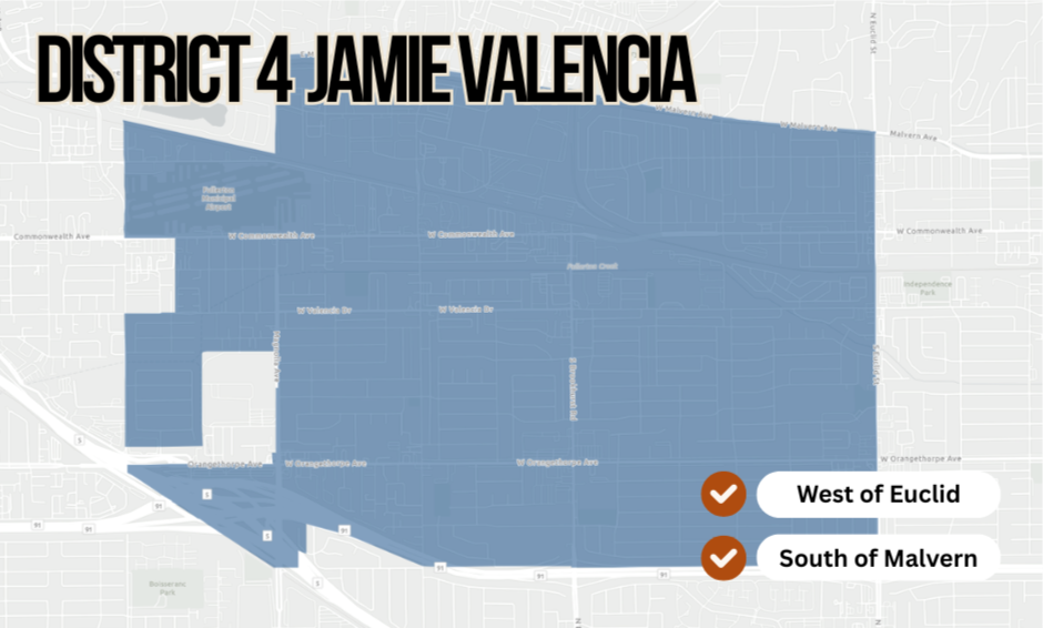 Map highlighting District 4 represented by Jamie Valencia, with areas west of Euclid and south of Malvern marked.