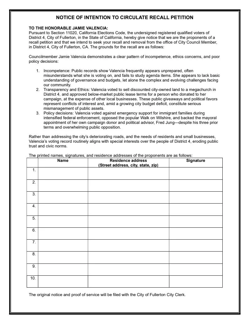 NOTICE OF INTENTION TO CIRCULATE RECALL PETITION to Jamie Valencia