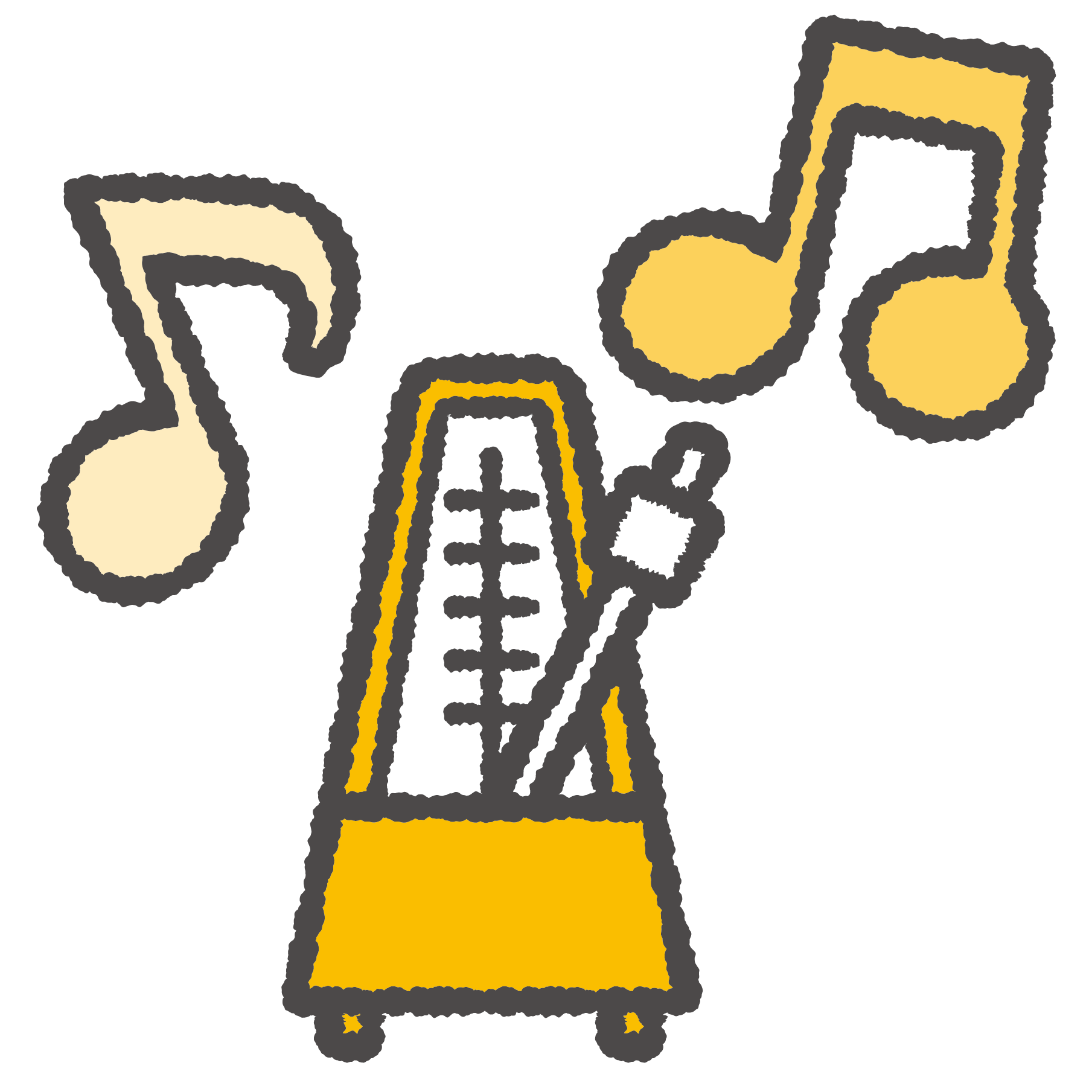 A cartoon illustration of a yellow metronome  and yellow music notes
