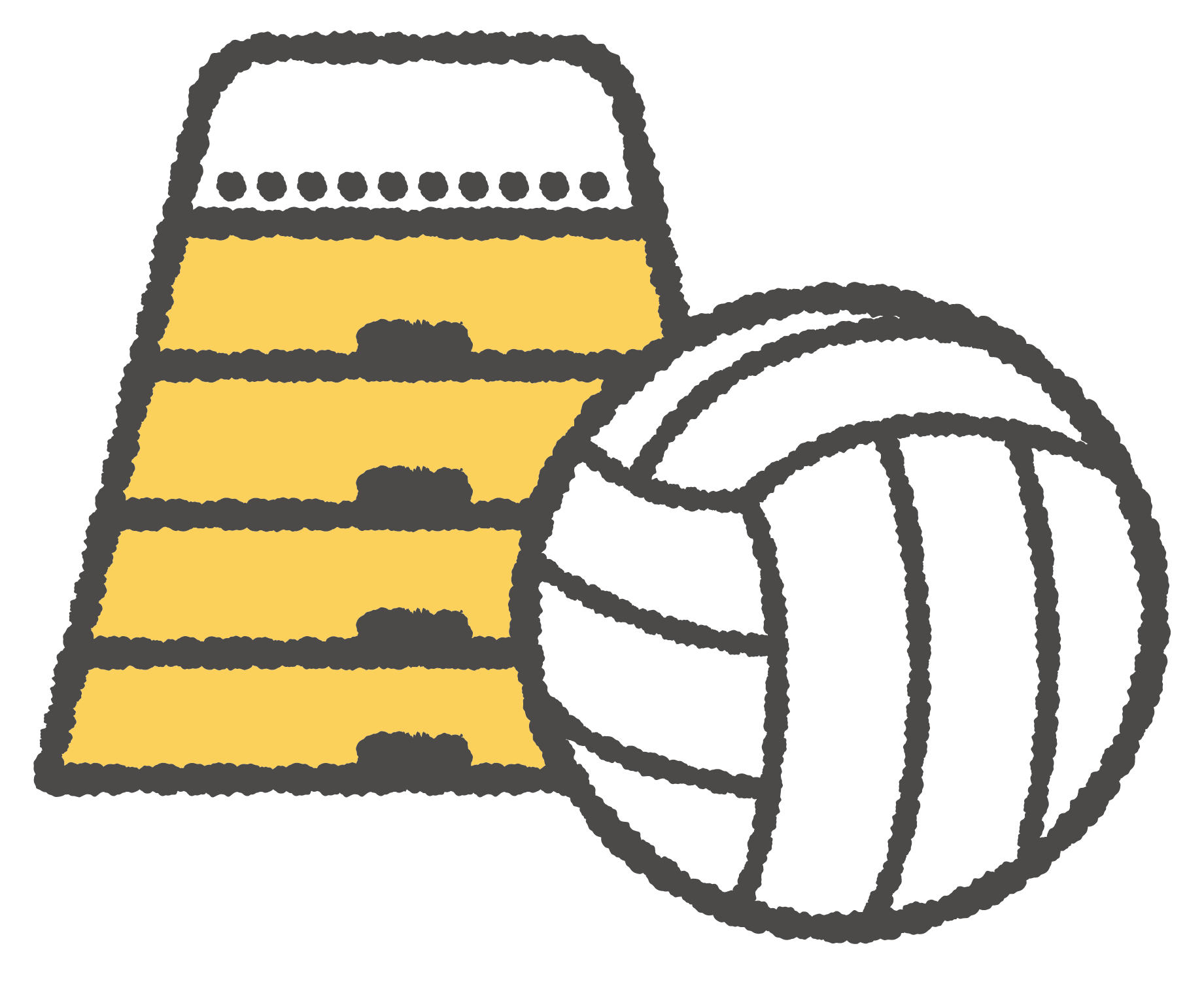 A drawing of a stack of yellow gym equipment and a volley ball