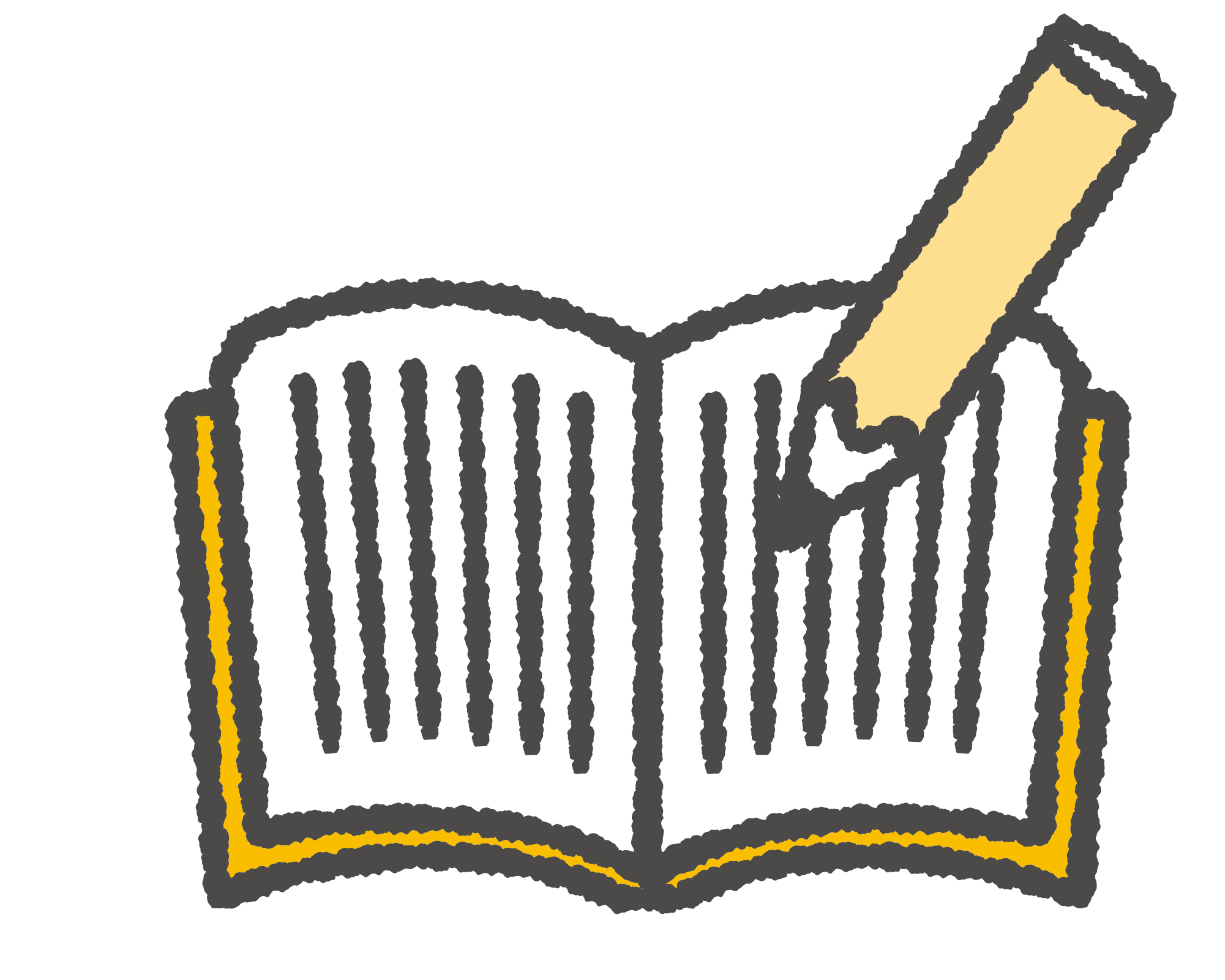 A graphic of a notebook with a yellow pencil writing in it