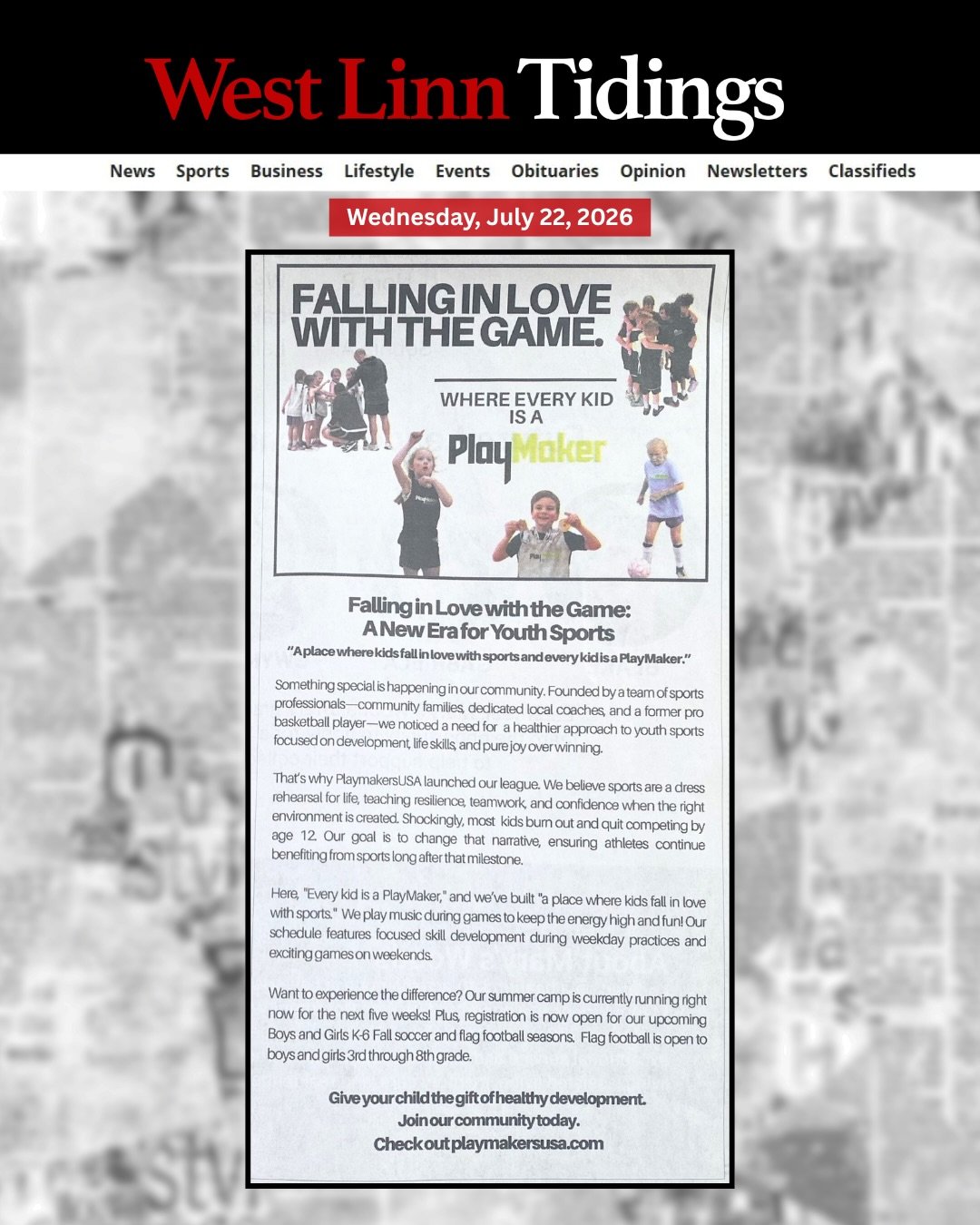 We&rsquo;re in the paper! 📰

PlayMakers USA was featured in today&rsquo;s West Linn Tidings, sharing the story behind what we&rsquo;re building in our community &hellip; A place where kids can develop their skills, build confidence, make friends and