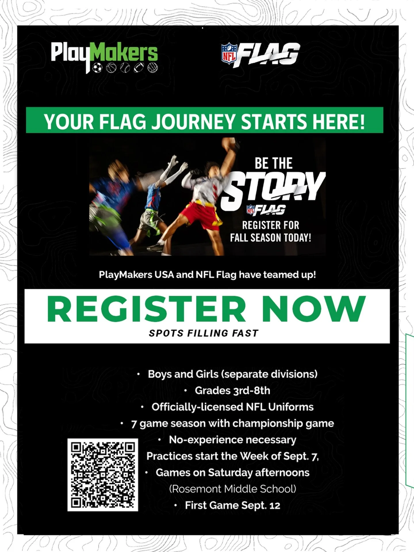 📣 ICYMI : PlayMakers USA and NFL FLAG have teamed up for our fall season 📣

Boys and girls in grades 3rd&ndash;8th can learn the game, build skills and confidence, compete and have fun. No experience necessary.

🏈 Separate boys&rsquo; and girls&rs