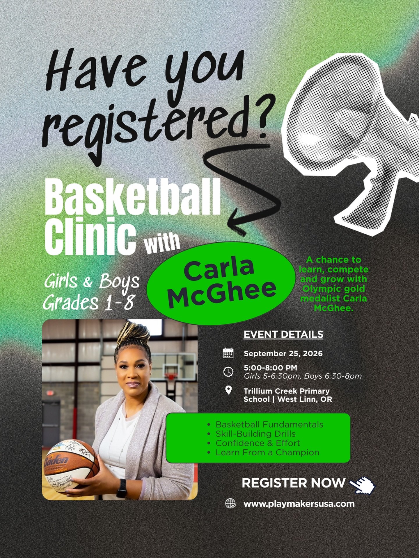 Have you registered? 

This Friday, join PlayMakers for a special basketball clinic with Olympic gold medalist and Hall of Famer Carla McGhee!

Players will build their fundamentals, sharpen their skills and learn what it takes to compete with confid
