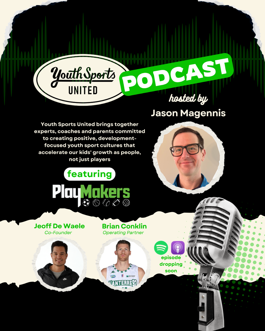 Promotional graphic for Youth Sports United Podcast hosted by Jason Magennis, featuring guest Jeff De Waele and partner Brian Conklin, with icons of various sports and a microphone.