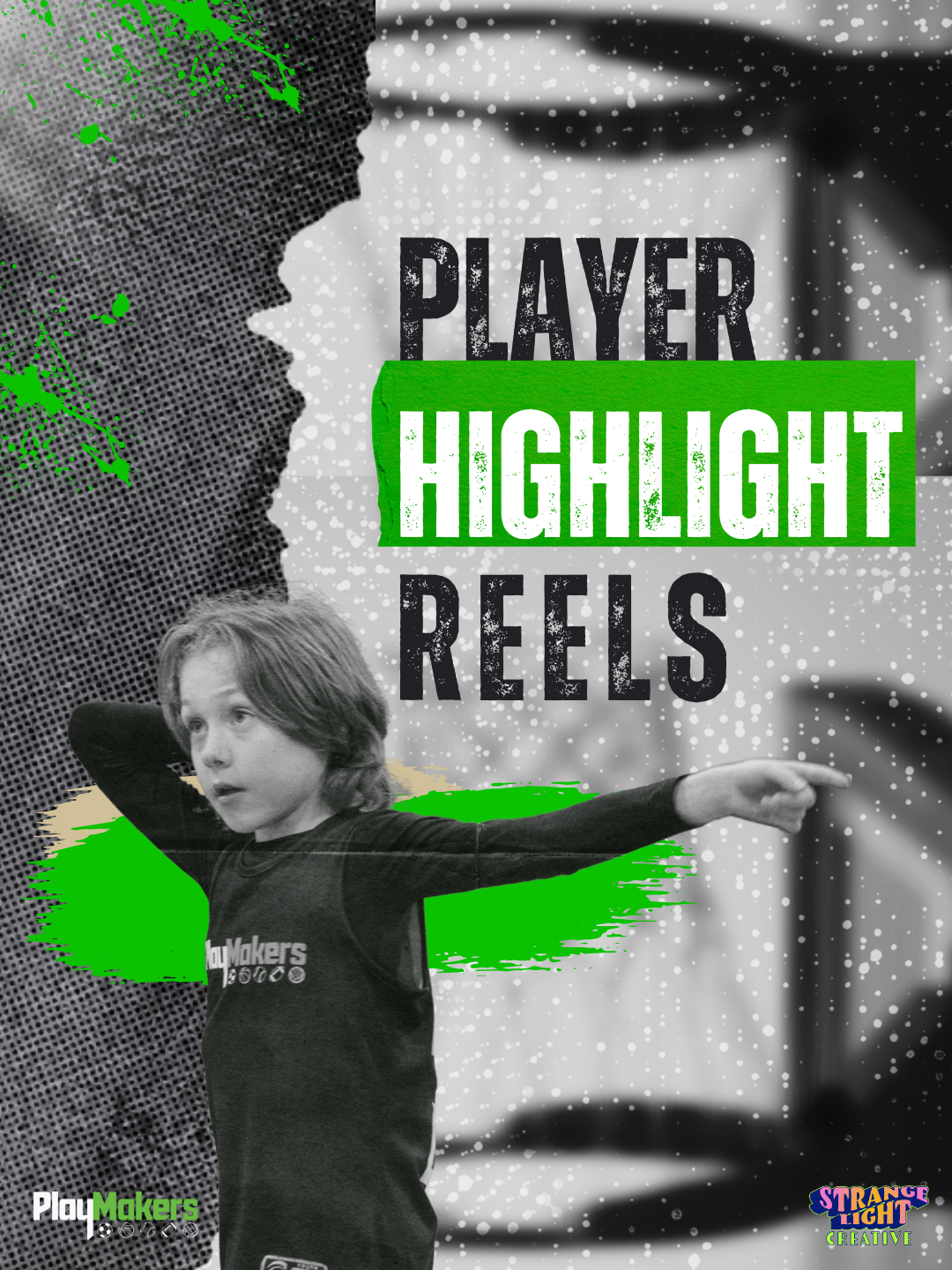 A young boy with curly hair is standing and pointing to the right, wearing a black t-shirt with white text. The background features a mix of black and white with green paint splatters and text that reads "Player Highlight Reels."
