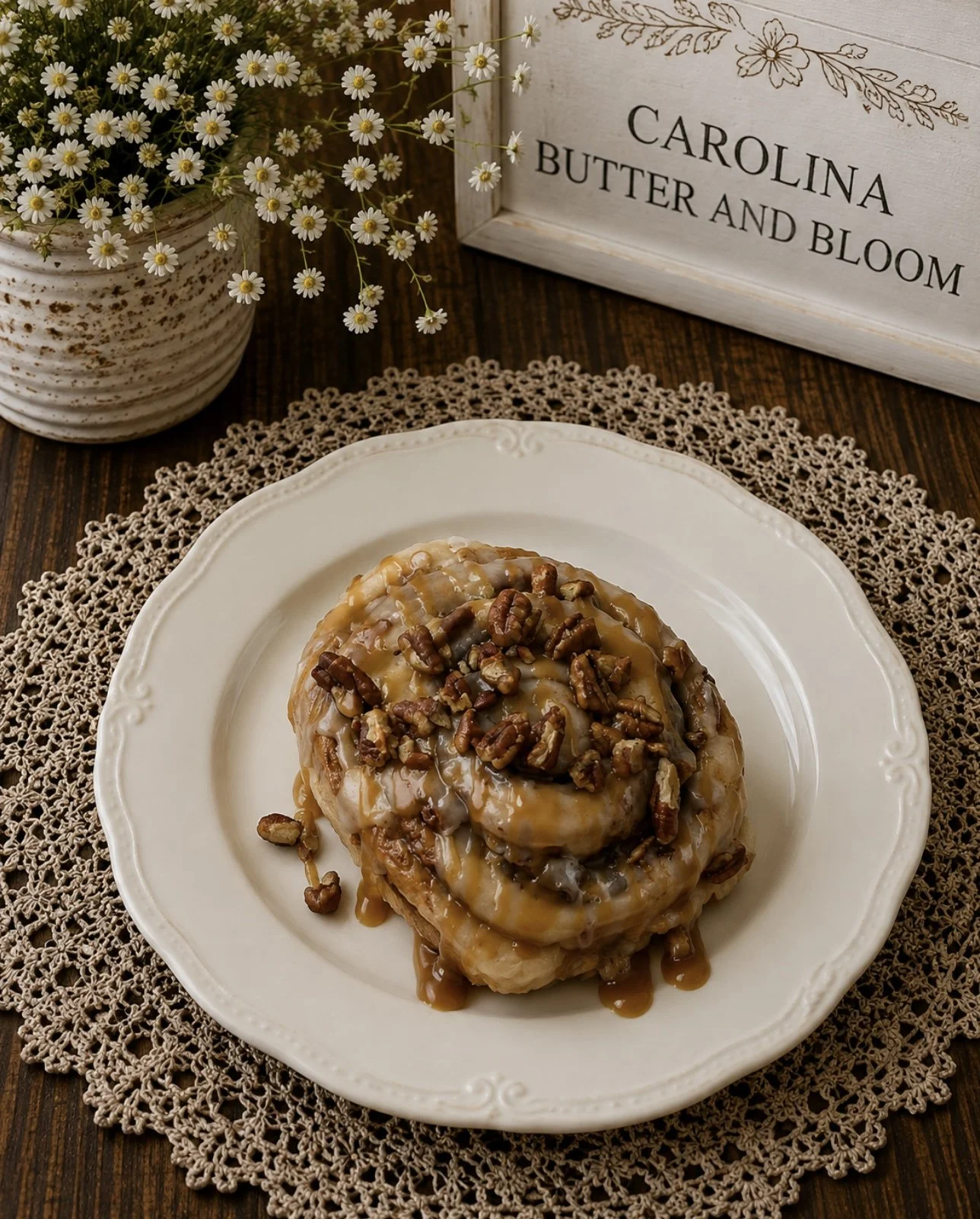 Pecan Carmel Glazed Cinnamon Roll