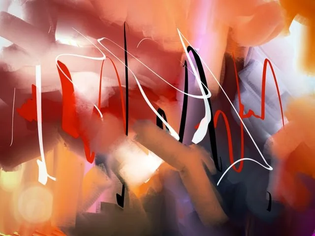 Abstract digital art with red, orange, pink, black, and white hues with swirling lines and shapes.