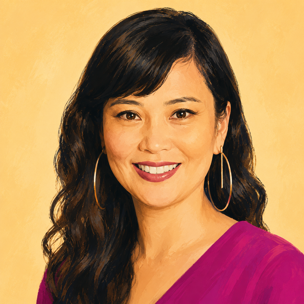 A woman with long, wavy dark hair, wearing hoop earrings and a pink top, smiling against a yellow background.