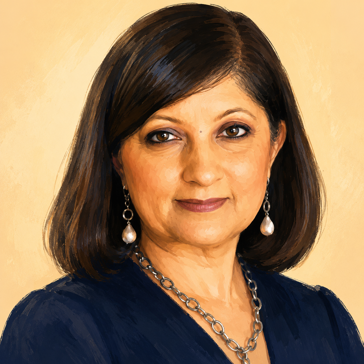 A portrait of a woman with dark brown hair and brown eyes, wearing pearl earrings, a silver chain necklace, and a dark top, against a beige background.
