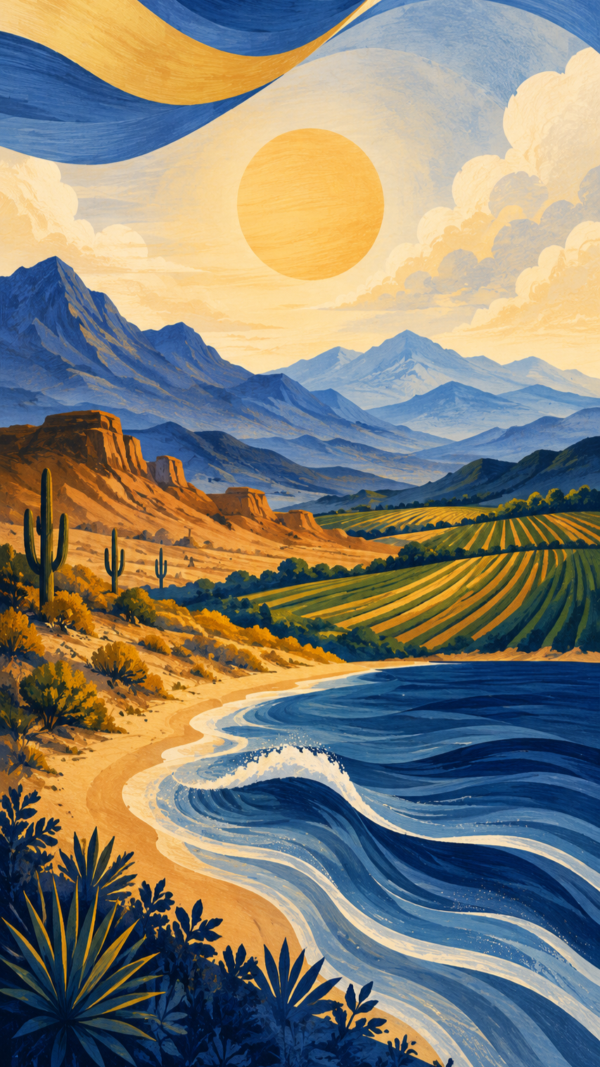 Colorful landscape painting of a desert scene with mountains, cacti, a river, and fields under a large sun and partly cloudy sky.