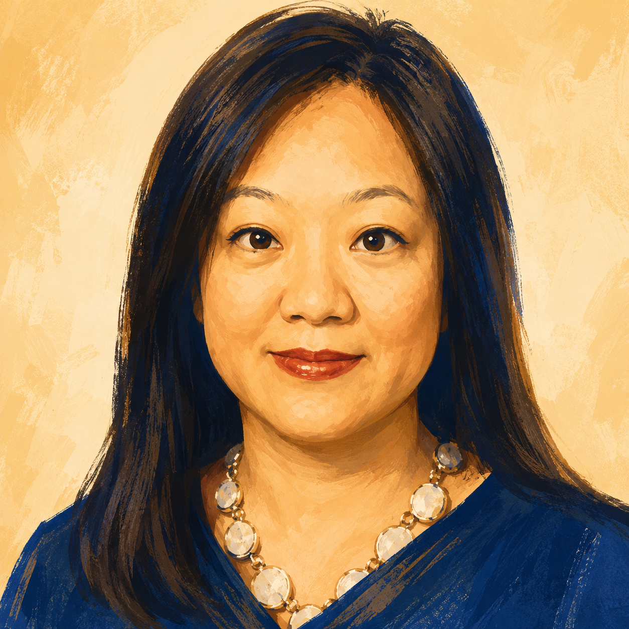 A digital painting of a woman with long dark hair wearing a dark top and a pearl necklace, smiling softly against a warm beige background.