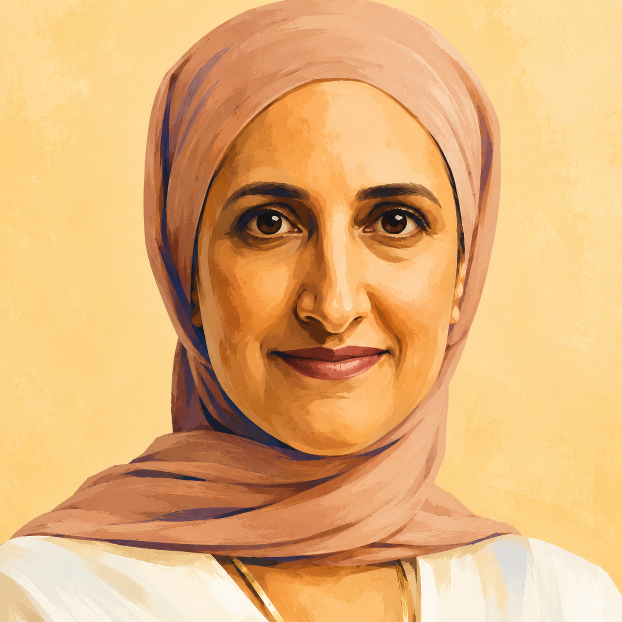 An illustrated portrait of a woman wearing a light pink hijab, smiling with brown eyes and brown lips against a beige background.