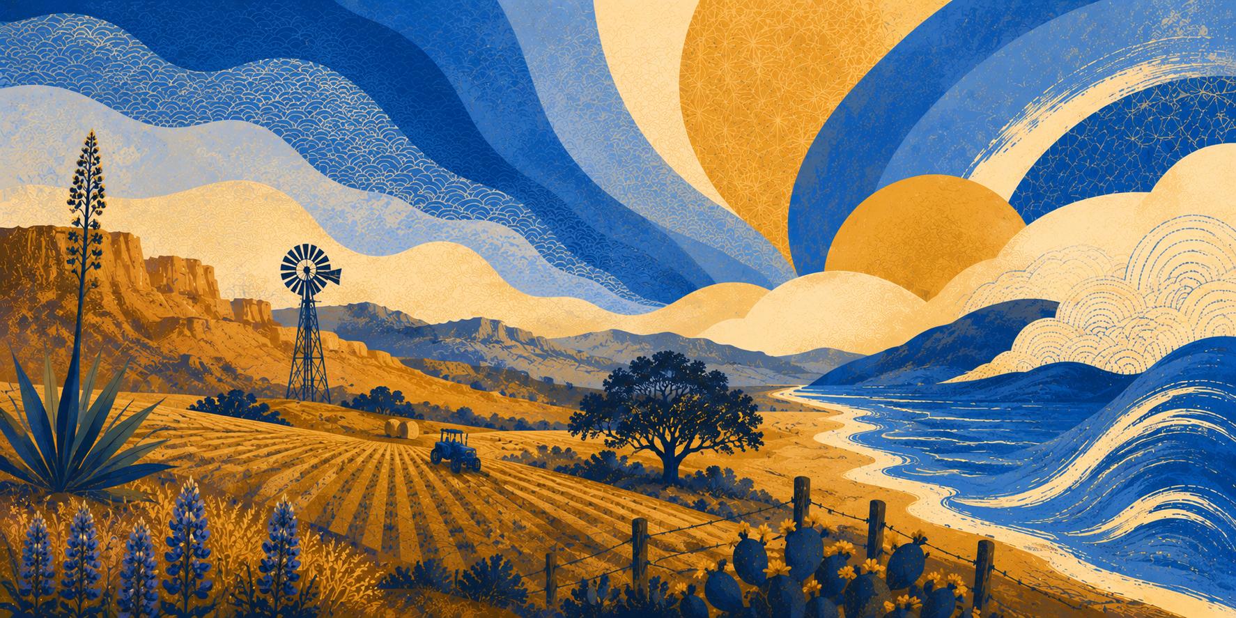 Stylized landscape painting of a scenic rural area showing golden fields with a tractor, a lone tree, mountains, a river, and a sky with swirling large, colorful abstract sun and waves in shades of blue and yellow.