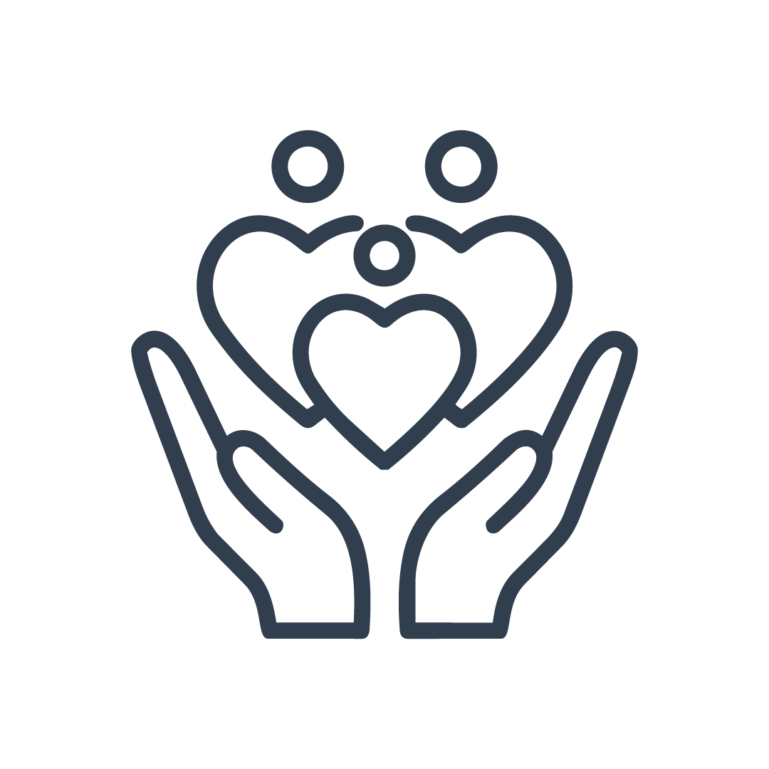 Outline of two hands holding three hearts of different sizes.