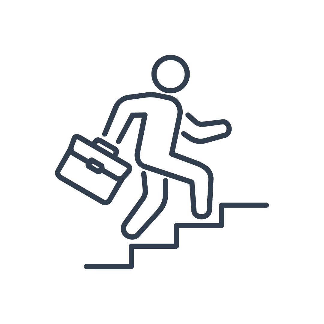 Outline of a person with a briefcase walking up stairs.