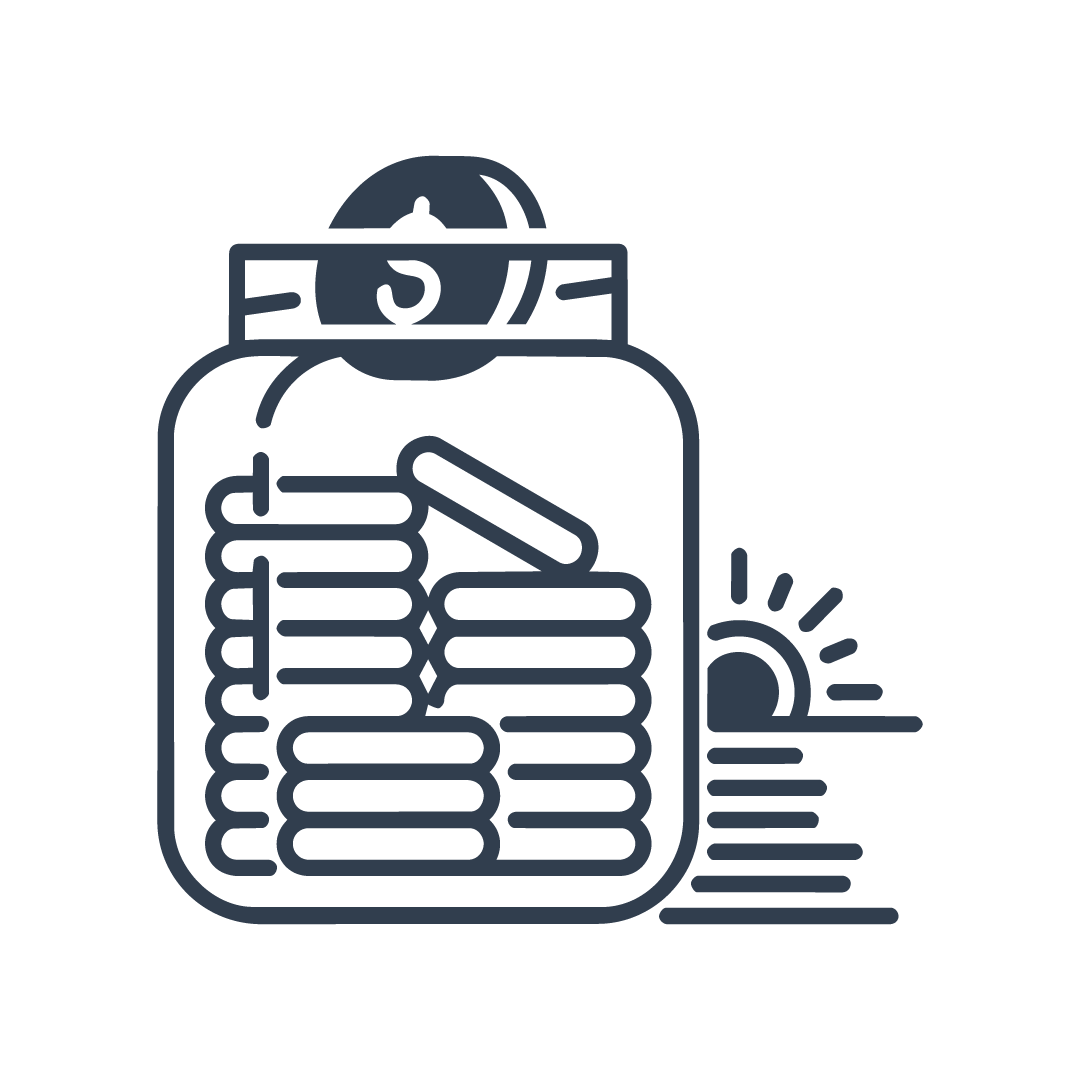 Outline icon of a pill bottle with capsules inside and a sun rising or setting beside it.