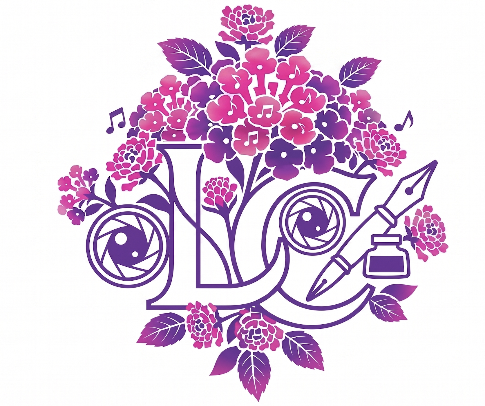 Outline illustration of a purple and pink floral arrangement with music notes, a camera lens, a pen, and an ink bottle integrated into the design.
