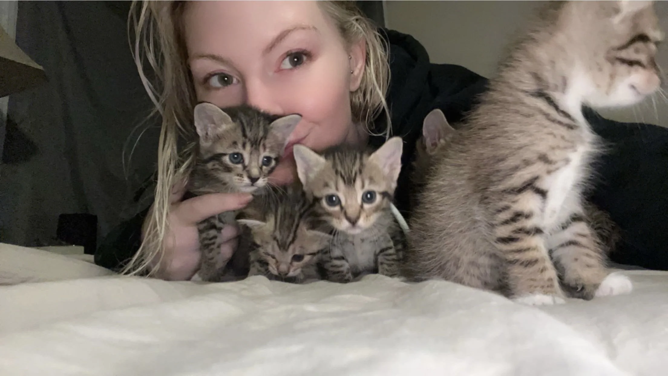 A woman with blonde hair holding two small tabby kittens close to her face, with a larger striped kitten sitting nearby on a bed.