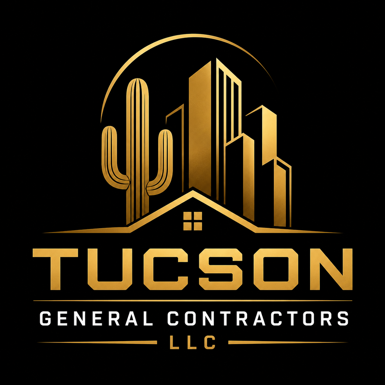 Gold and black logo for Tucson General Contractors LLC featuring a cacti, buildings, and a house with a window.