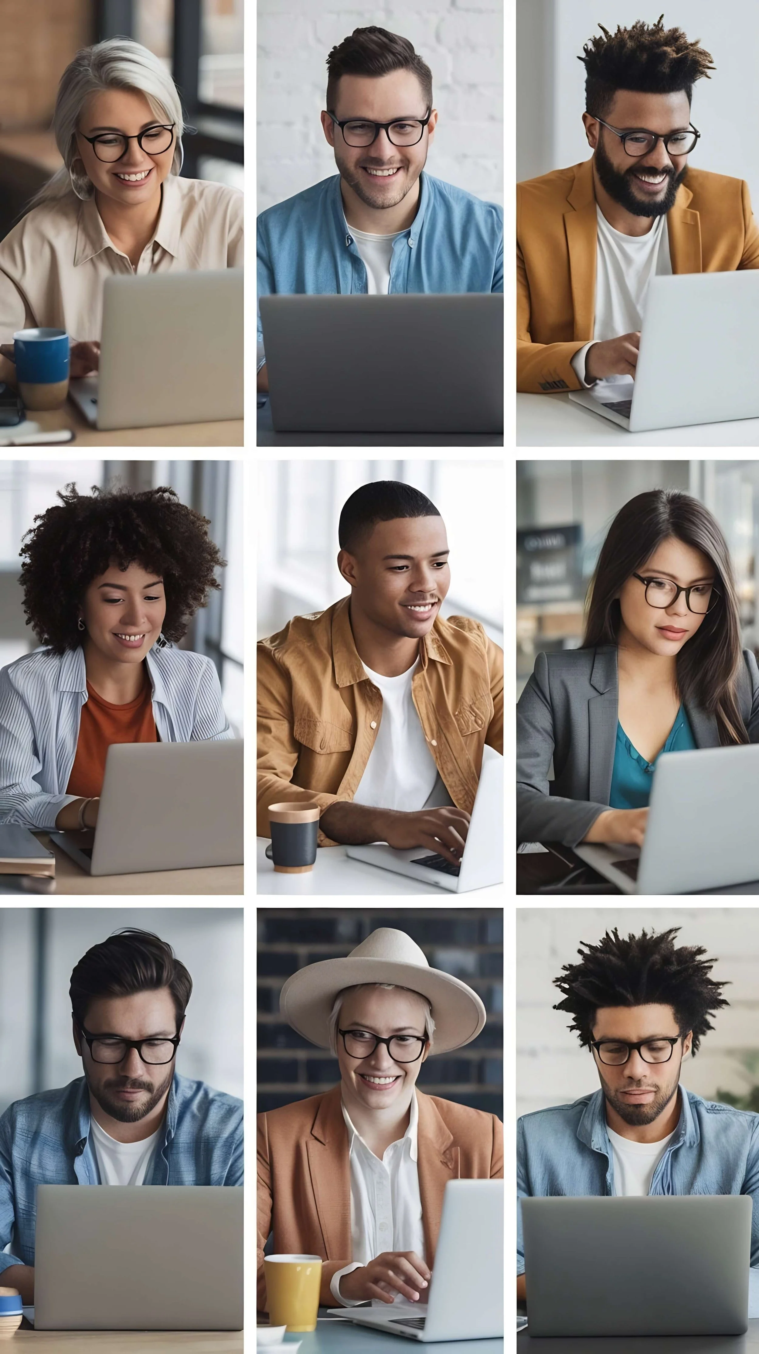 A collage of nine diverse people working on laptops, each in different settings and styles, showing a variety of ethnicities, genders, and fashion choices.