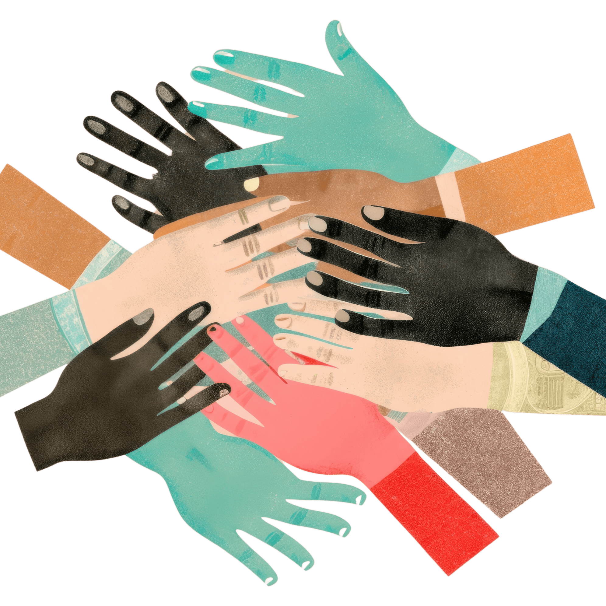 Illustration of multiple hands with different skin tones overlapping against a black background.