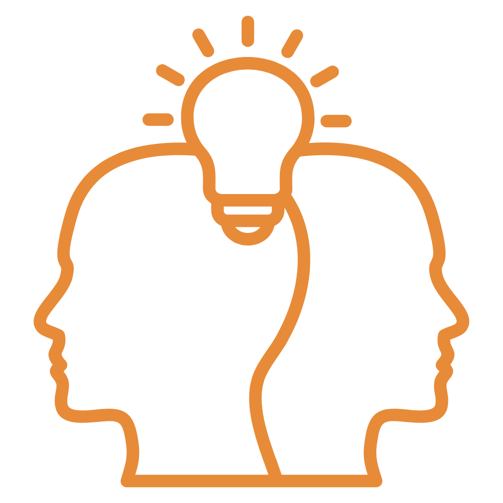 Outline of two human profiles facing opposite directions with a lightbulb above their heads, symbolizing ideas or thinking.