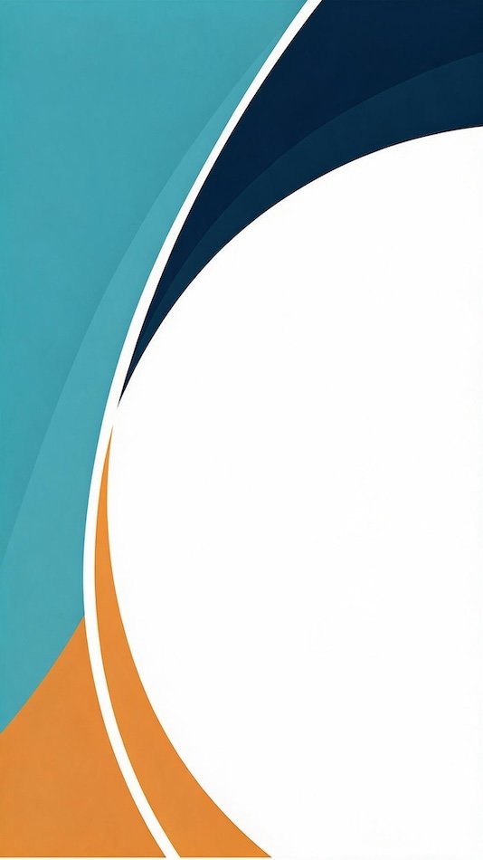 Abstract background with curved blue, orange, and white shapes.
