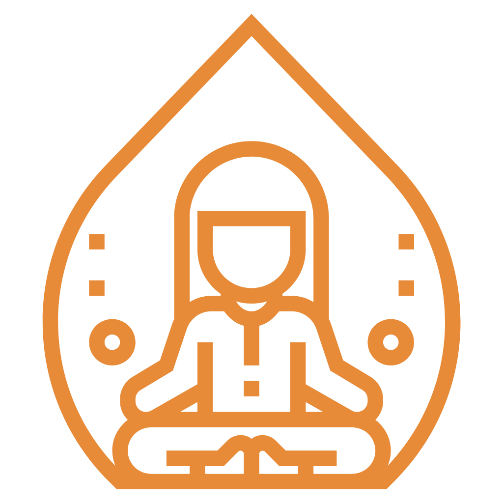 Minimalist line drawing of a person meditating inside a teardrop shape, with a dark background.